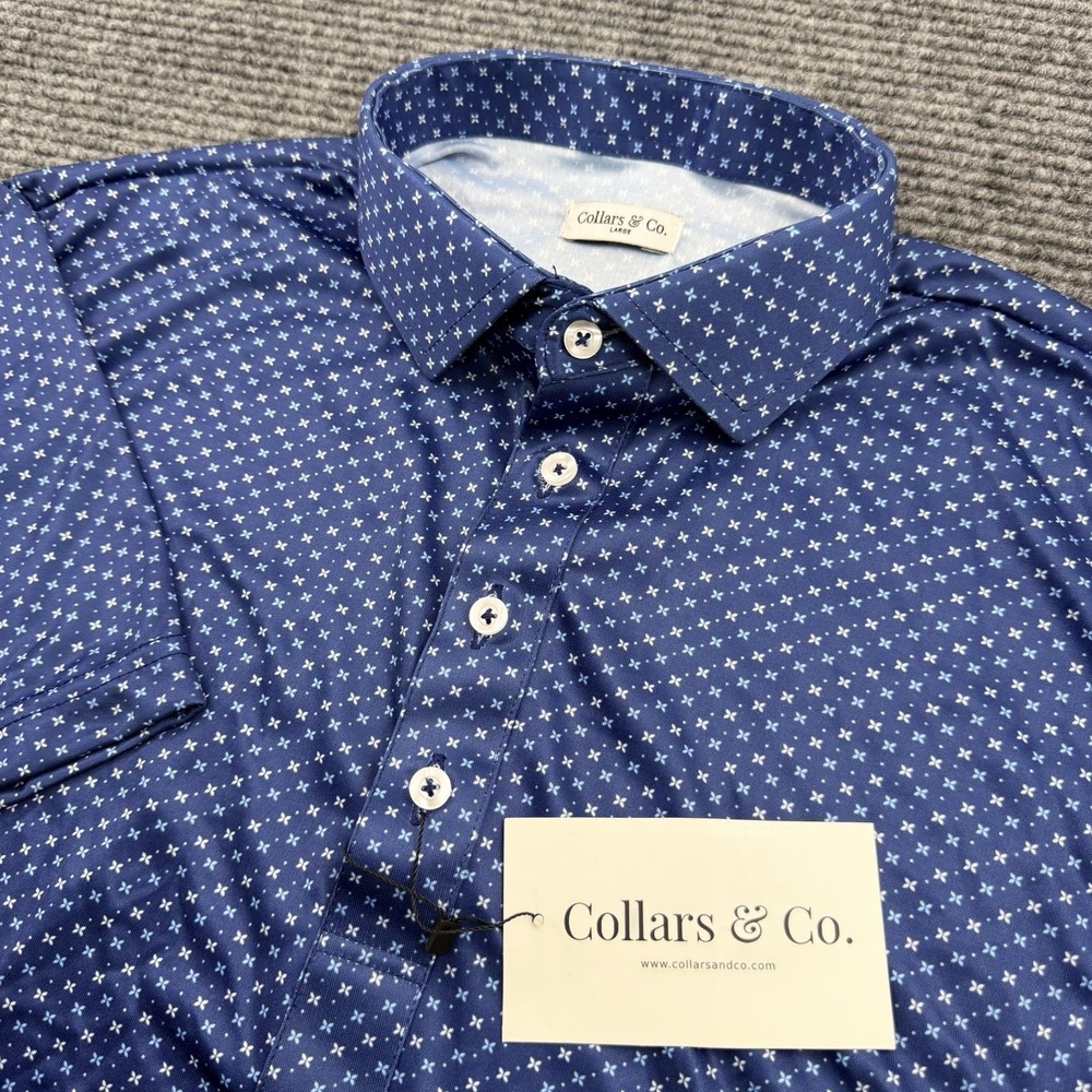 Collars and Co Collar Polo Shirt Men's Lg Navy Blue Baby Blue Floral Pattern NWT